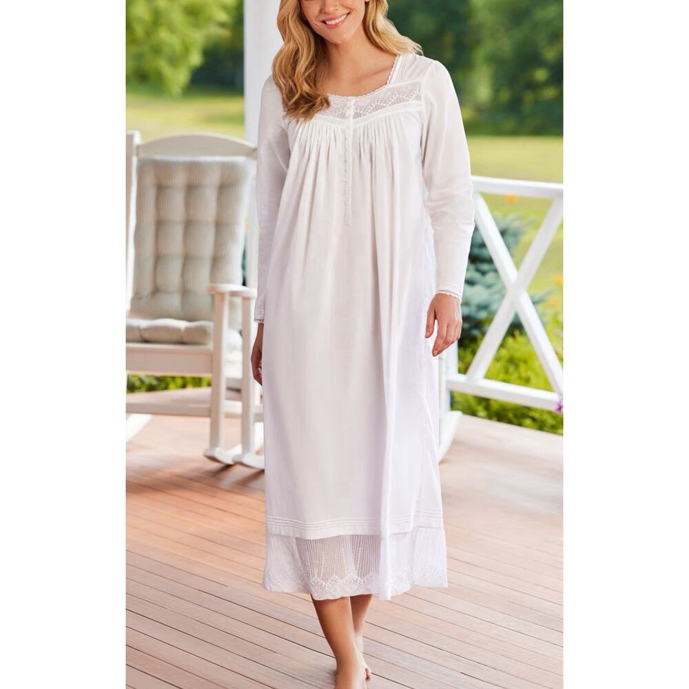EILEEN WEST Gatsby White 100% Cotton Pintuck Lace Trim Embroidered Nightgown L